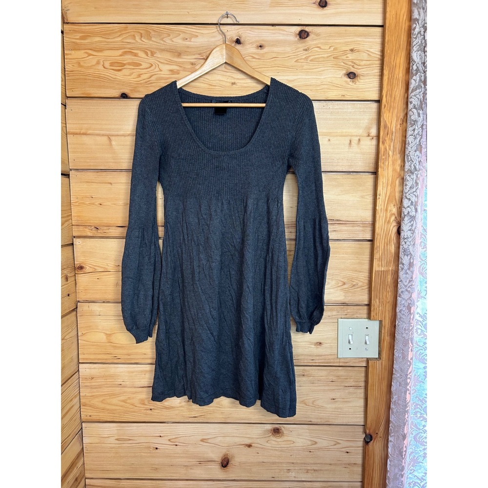Vintage Y2K Babydoll Sweater Dress Charcoal Gray Ribbed Balloon Sleeve Mini Larg